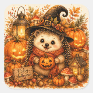 Cute Witch Hedgehog Happy Halloween Pumpkins Square Sticker