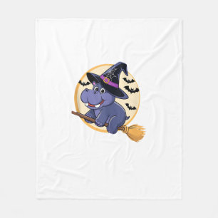 Cute Witch Hippo Moo Deng Halloween Broom Ride Kid Fleece Blanket