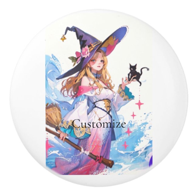 Cute Witch Holding Black Cat Thunder_Cove  Ceramic Knob (Front)