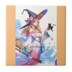 Cute Witch Holding Black Cat Thunder_Cove Ceramic Tile