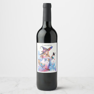 Cute Witch Holding Black Cat Thunder_Cove  Wine Label
