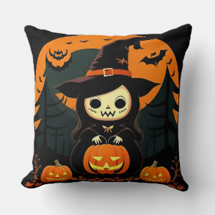 Cute Witch Holding Pumpkin in Spooky Halloween Cushion