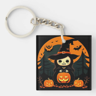 Cute Witch Holding Pumpkin in Spooky Halloween Key Ring