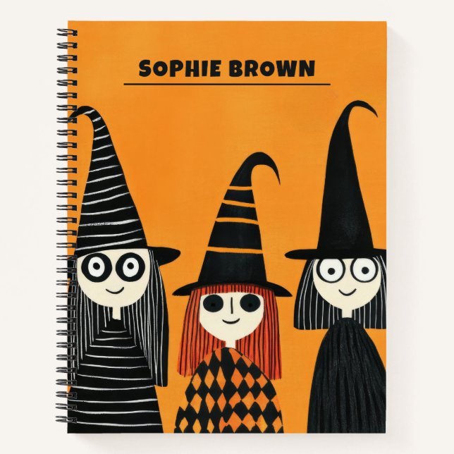 Cute Witch Illustrations with Name Halloween Notebook (Front)