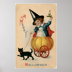 Cute Witch in Pumpkin Vintage Halloween Card Poster
