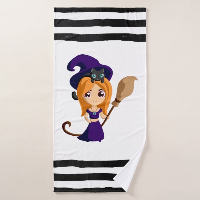 Cute Witch in Purple Hat Halloween Bath Towel Set (Bath Towel)