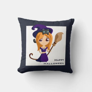 Cute Witch in Purple Hat Halloween Cushion