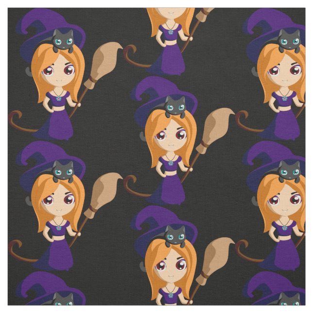 Cute Witch in Purple Hat Halloween Fabric (Swatch)