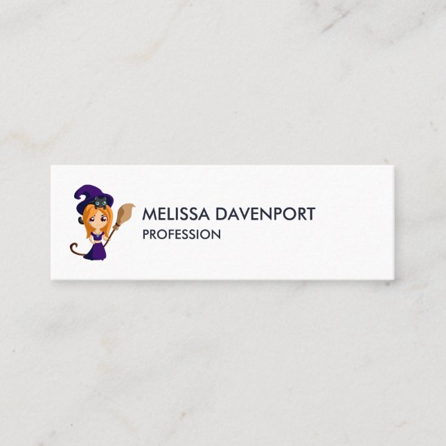 Cute Witch in Purple Hat Halloween Mini Business Card (Front)