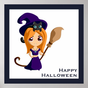 Cute Witch in Purple Hat Halloween Poster