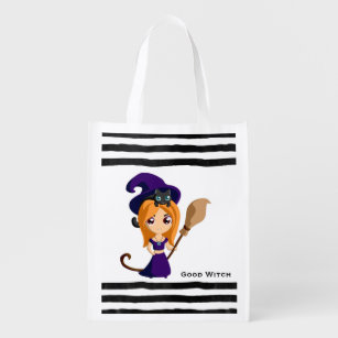 Cute Witch in Purple Hat Halloween Reusable Grocery Bag