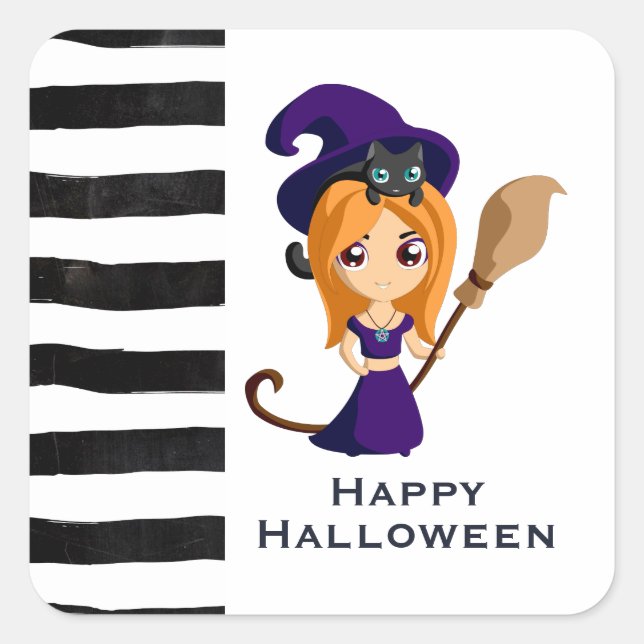Cute Witch in Purple Hat Halloween Square Sticker (Front)