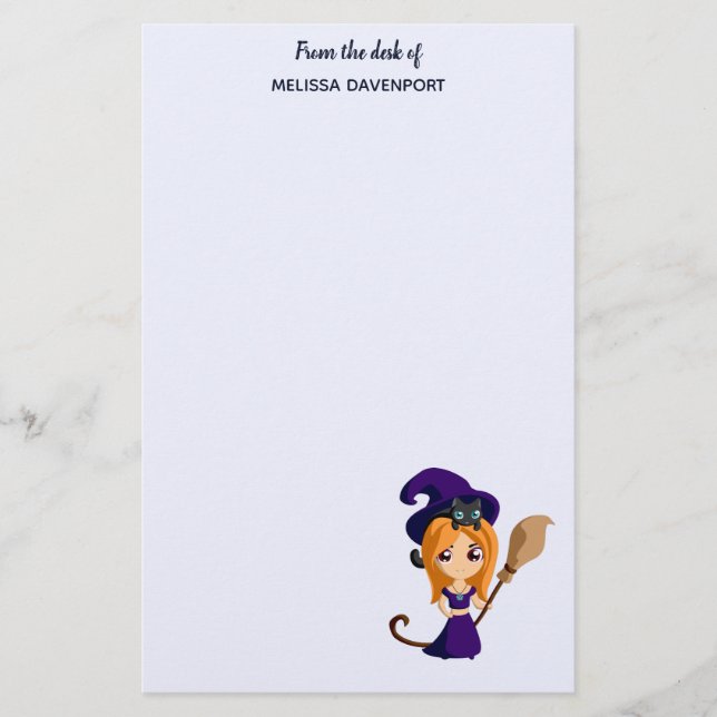 Cute Witch in Purple Hat Halloween Stationery (Front)