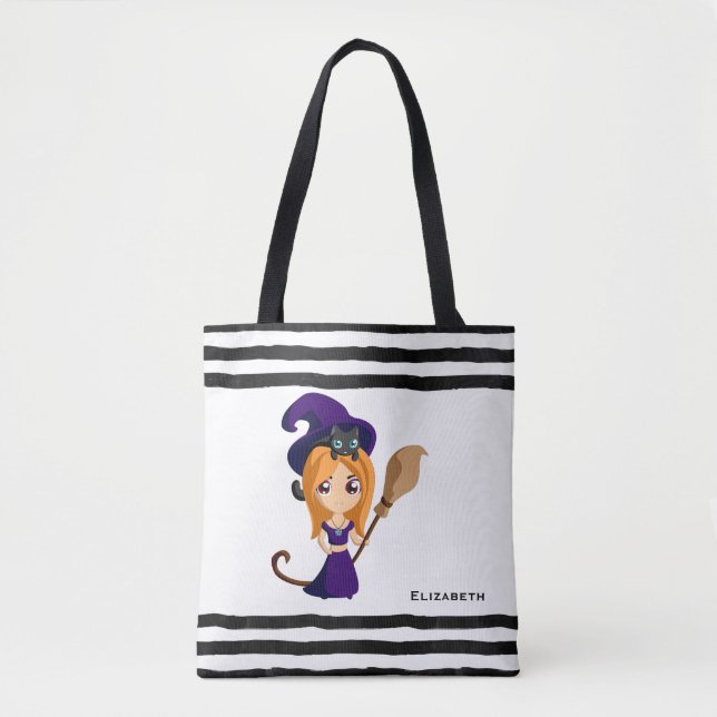 Cute Witch in Purple Hat Halloween Tote Bag (Front)