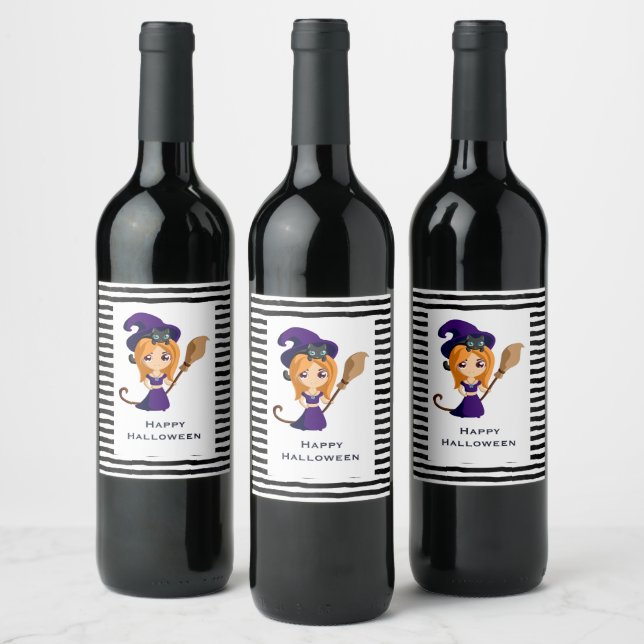Cute Witch in Purple Hat Halloween Wine Label (Bottles)