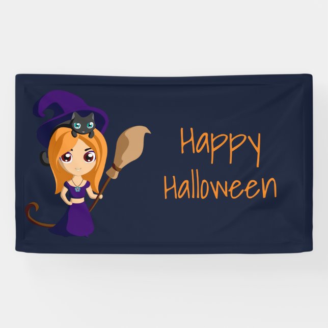 Cute Witch in Purple Hat Happy Halloween Banner (Horizontal)