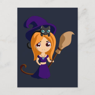 Cute Witch in Purple Hat & her Cat Halloween Postcard