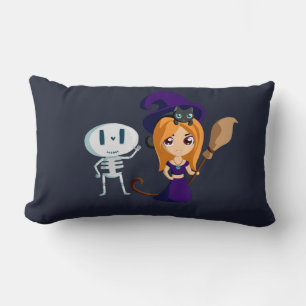Cute Witch in Purple Hat & Skeleton Halloween Lumbar Cushion