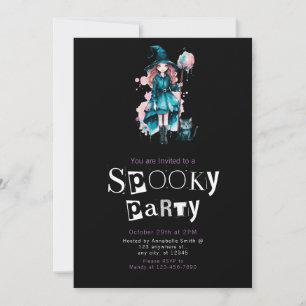 Cute Witch in Teal Witches Hat Black Cat Halloween Invitation