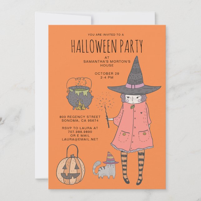 Cute Witch Kid's Orange Halloween Party Invitation (Front)