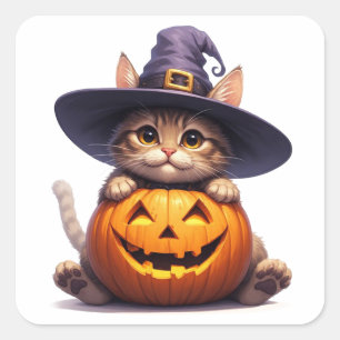 Cute Witch Kitten Holding Jack O Lantern 🎃 Square Sticker