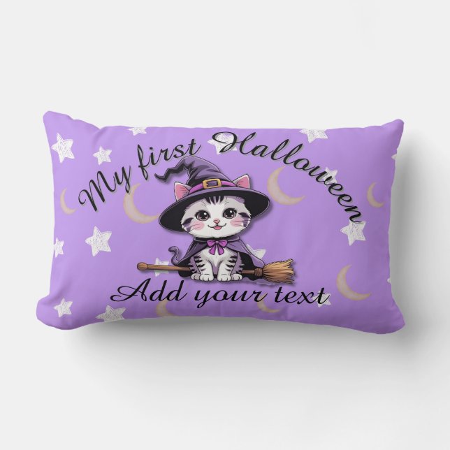 Cute Witch Kitten – Pastel Halloween Lumbar Pillow (Front)