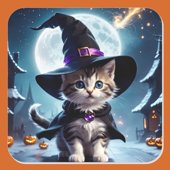 Cute Witch Kitten Pumpkin Halloween Trick or Treat Square Sticker (Creator Uploaded)