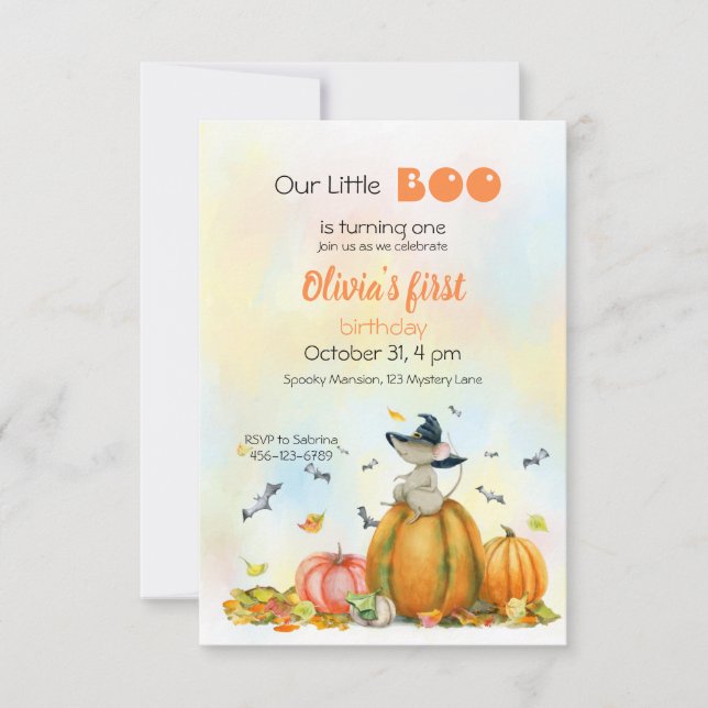 Cute Witch Mouse on the Pumpkin Invitation (Front)