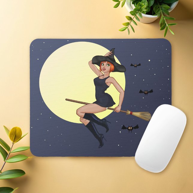 Cute Witch on a Flying Broom Halloween Mouse Pad (Cute Halloween witch mouse pad just for you)