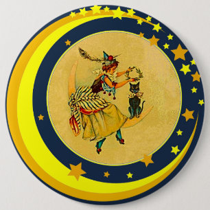 Cute Witch on Crescent Moon with Cat 6 Cm Round Badge