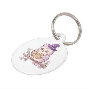 Cute Witch Owl Reading Spell Book Halloween Illust Pet Tag
