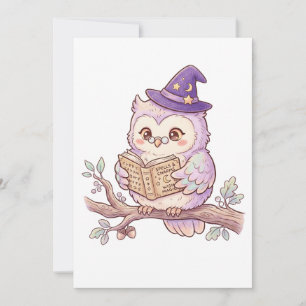 Cute Witch Owl Reading Spell Book Halloween Illust Thank You Card