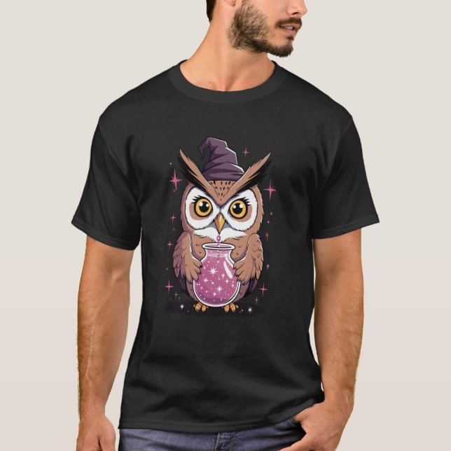 Cute Witch Owl with Magic Potion Cauldron T-Shirt (Front)