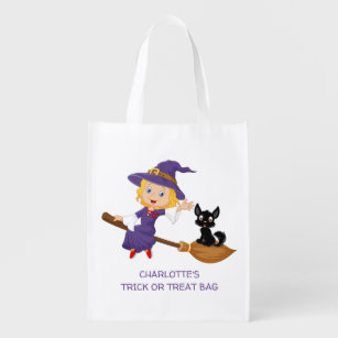 Cute Witch Personalised Trick Or Treat Reusable Grocery Bag
