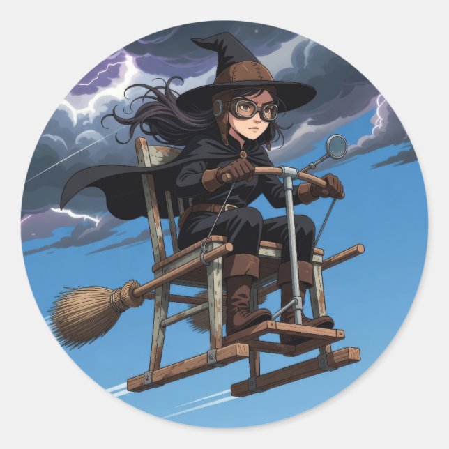 Cute Witch Pilot Classic Round Sticker (Front)
