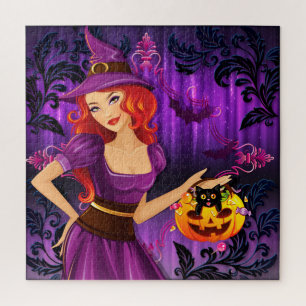 Cute Witch, Pumpkin and Black Cat Jigsaw Puzzle