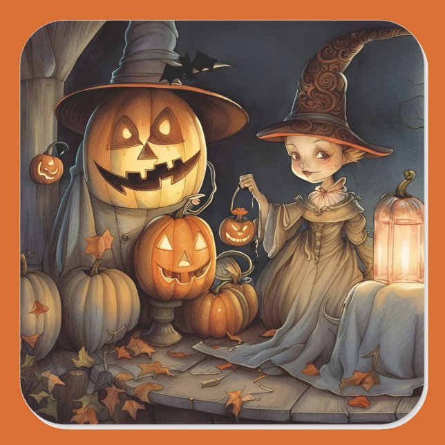 Cute Witch Pumpkin Halloween Bat Square Sticker (Creator Uploaded)