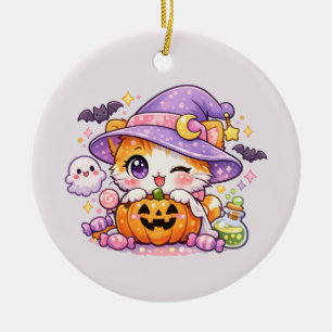 Cute Witch Pumpkin Kitty – Kawaii Halloween Cat Ceramic Ornament