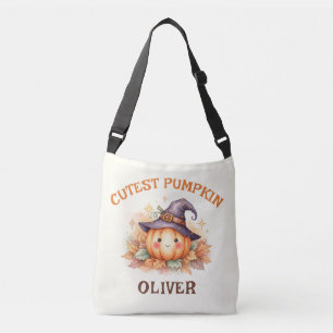 Cute Witch Pumpkin with Fall Leaves Crossbody Bag