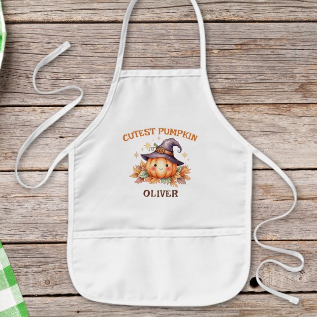 Cute Witch Pumpkin with Fall Leaves Kids Apron (Creator Uploaded)