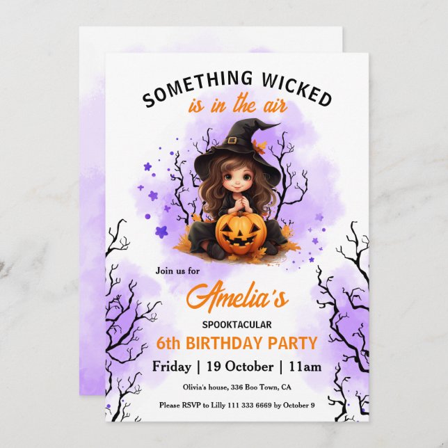Cute Witch Purple Orange Halloween Birthday Invitation (Front/Back)
