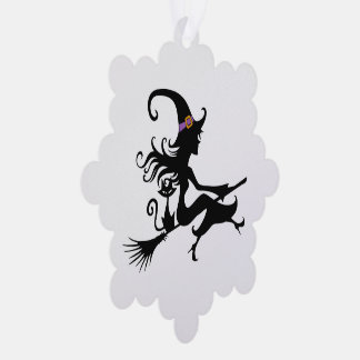 Cute Witch riding a broom Silhouette Tree Decoration Card