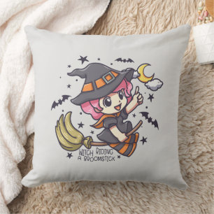 Cute Witch Riding A Broomstick Cushion