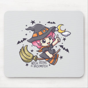 Cute Witch Riding A Broomstick Mouse Pad