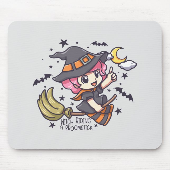 Cute Witch Riding A Broomstick Mouse Pad (Front)
