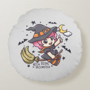 Cute Witch Riding A Broomstick Round Cushion