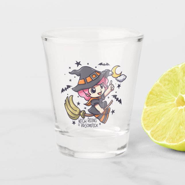 Cute Witch Riding A Broomstick Shot Glass (Front)