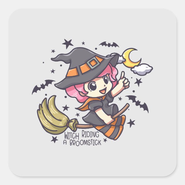 Cute Witch Riding A Broomstick Square Sticker (Front)