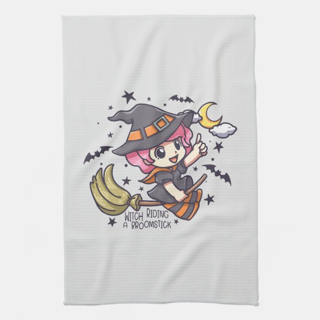 Cute Witch Riding A Broomstick Tea Towel (Vertical)