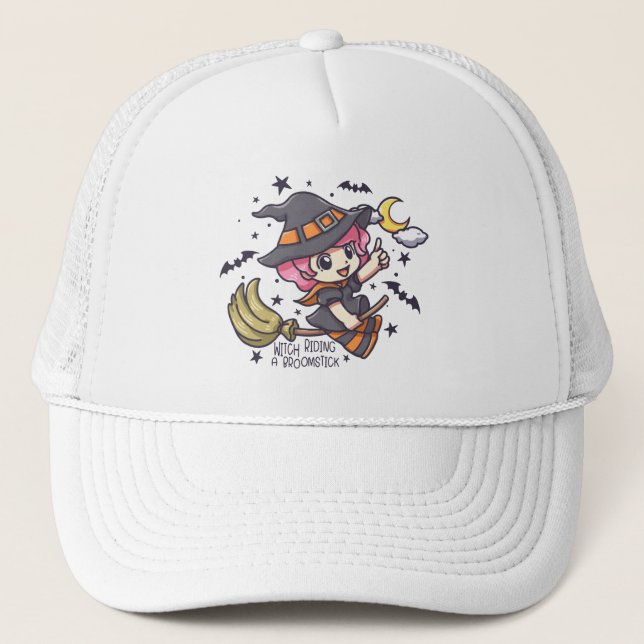 Cute Witch Riding A Broomstick Trucker Hat (Front)